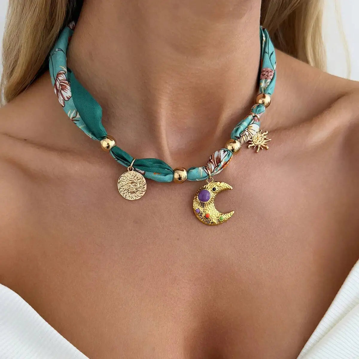 Ingemark New Elegant Blue/Green Scarf Ribbon Chokers Necklace Women Vintage Sun Moon Heart Cross Pendant Necklace Boho Jewelry
