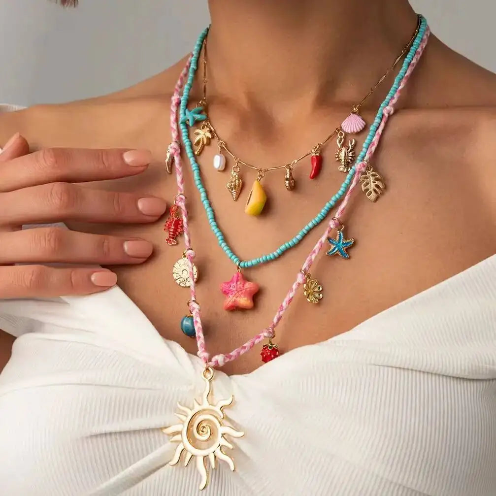 Ingemark 3 Pcs/Set Cute Starfish Conch Crayfish Sun Pendant Necklace for Women Summer Beach Beads Chain Choker Y2K Jewelry Gifts