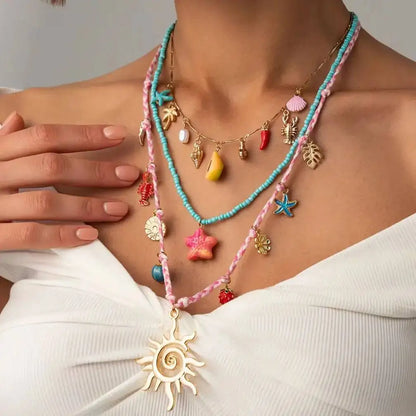 Ingemark 3 Pcs/Set Cute Starfish Conch Crayfish Sun Pendant Necklace for Women Summer Beach Beads Chain Choker Y2K Jewelry Gifts