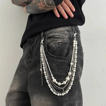 Exquisite Luxury Imitation Pearl Trousers Hipster Pant Jean Keychain for Men Punk Trousers Jeans Keyring HipHop Jewelry